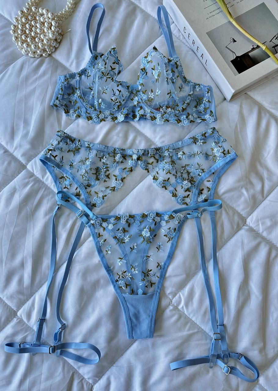 Blue Lace Flowery Lingerie Set