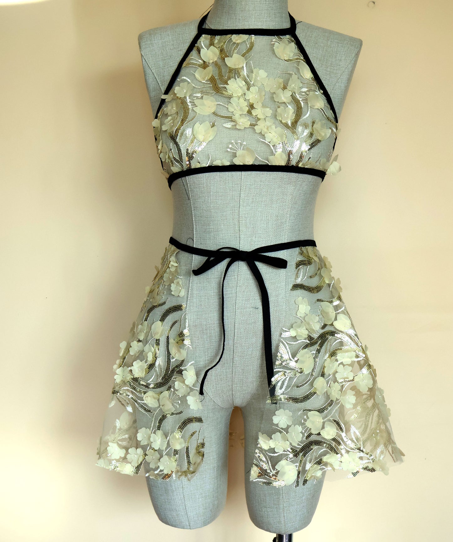 Gold 3D Flower Lace Rave Skirt Set