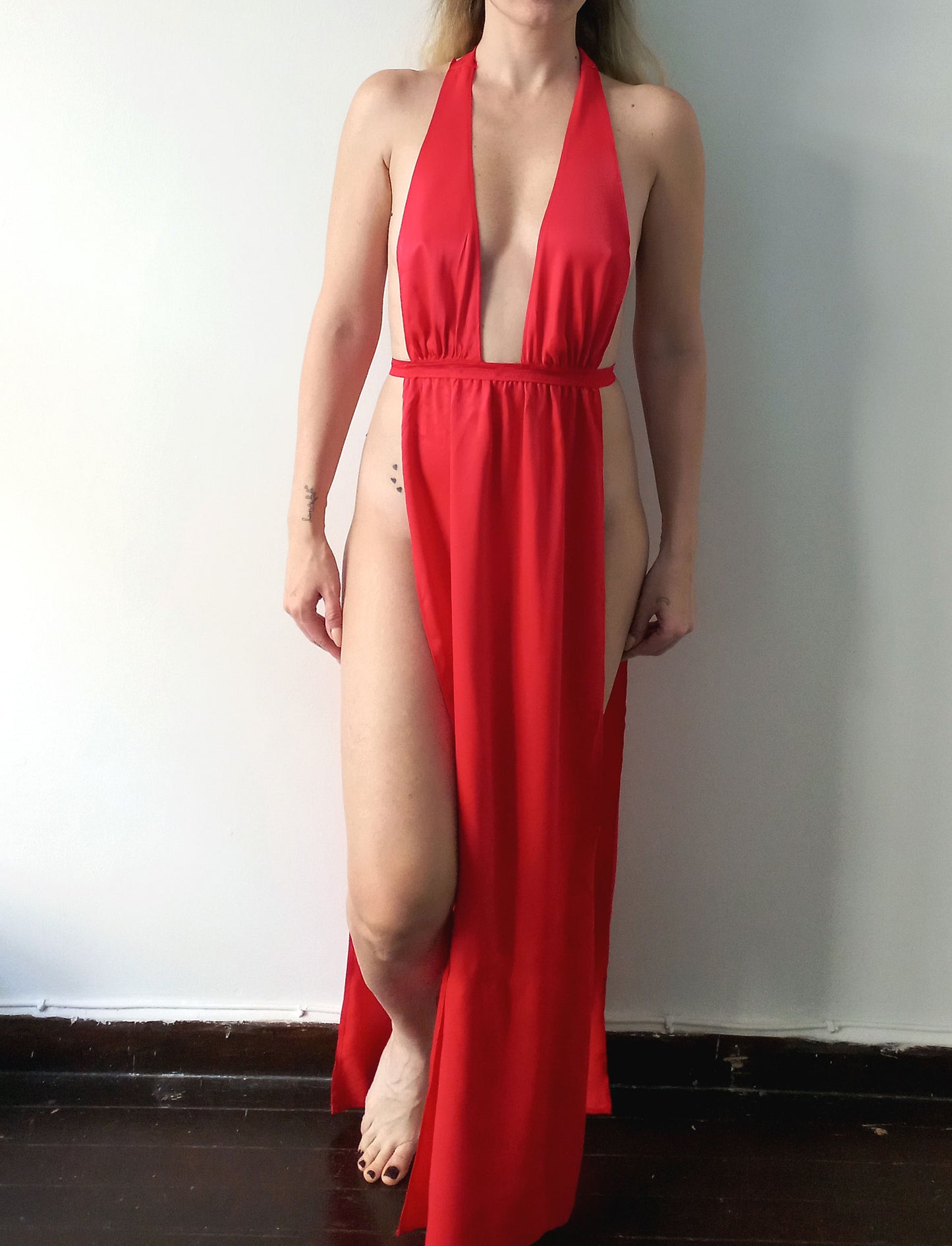 Red Satin Cut-Out Dress