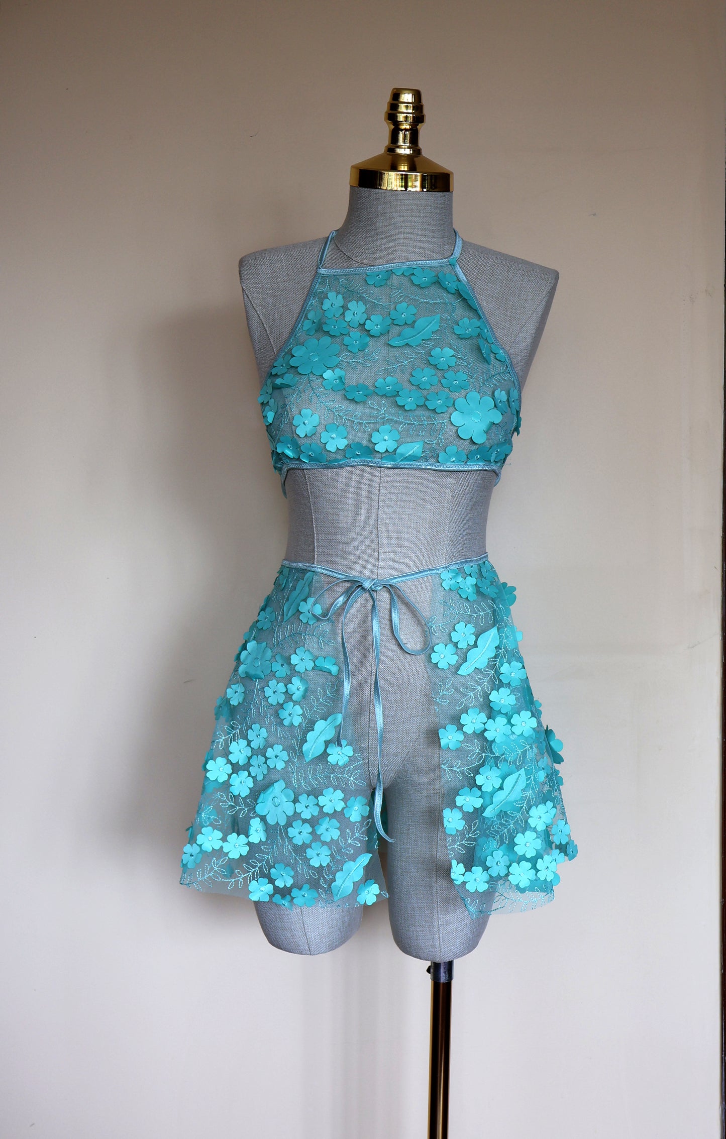 Green 3D Flower Lace Rave Skirt Set
