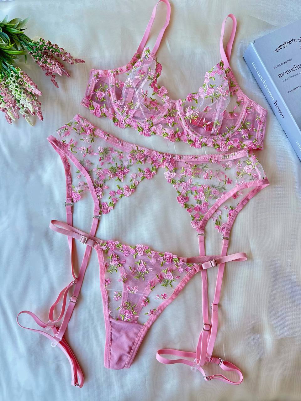 Pink Lace Flowery Lingerie Set