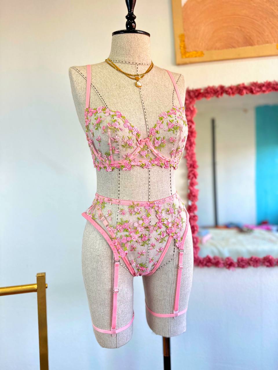 Pink Lace Flowery Lingerie Set