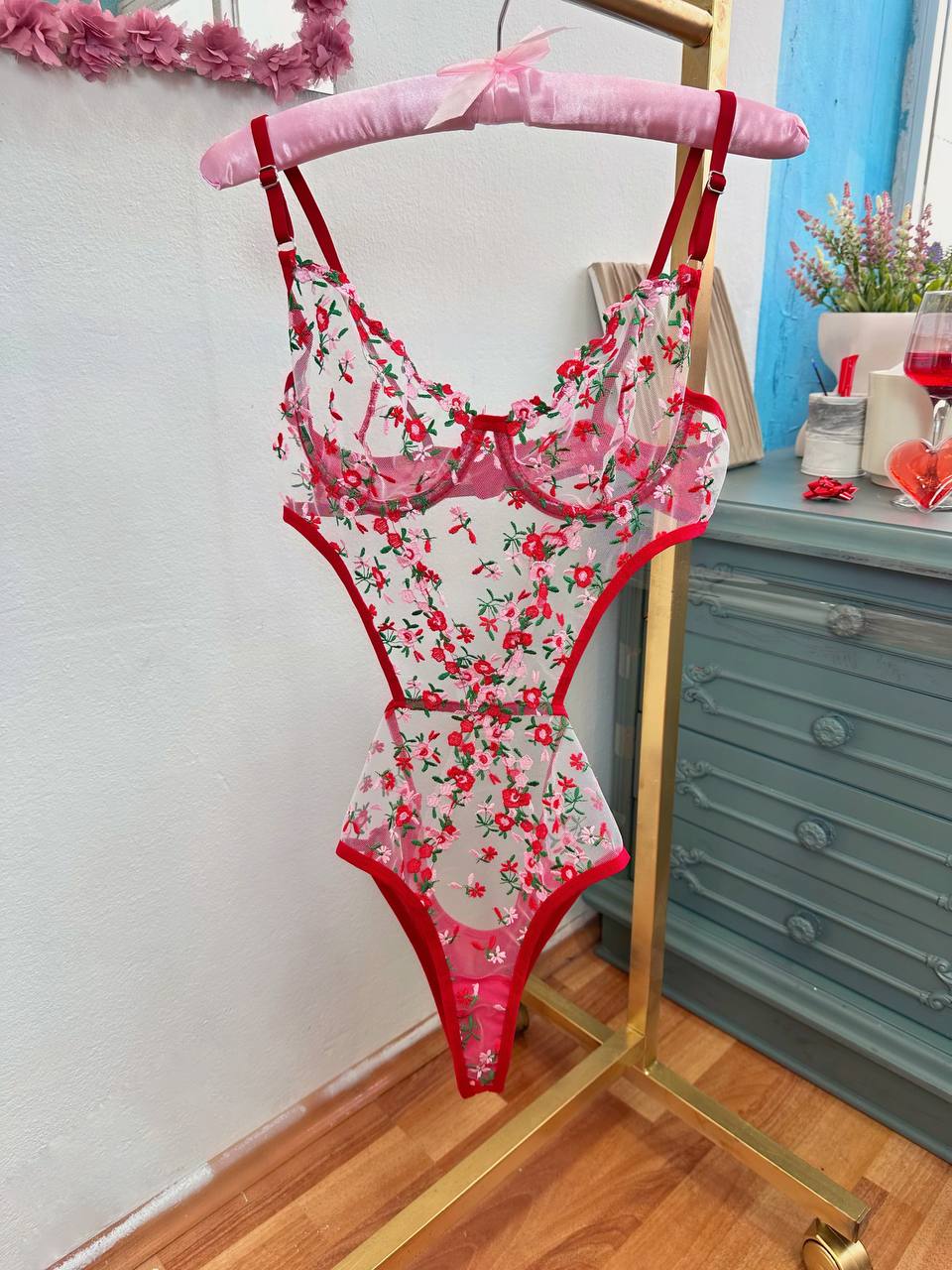 Red Lace Flowery bodysuit