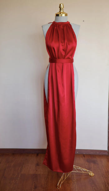 Red sateen see high slit panel dress