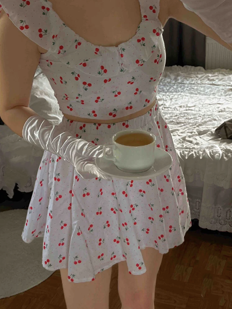 Fruit Patterned Cute Blouse and Skirt Set