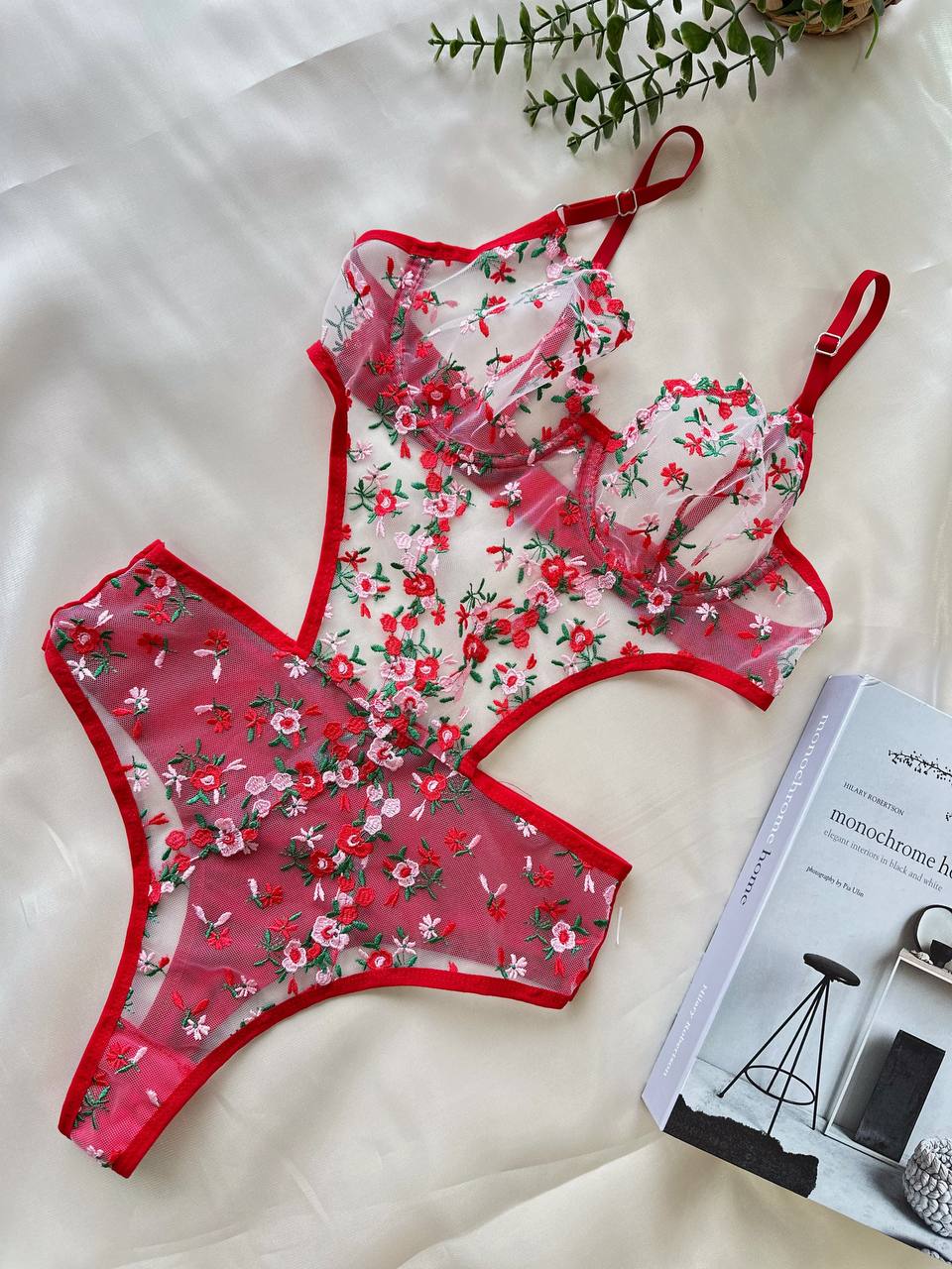 Red Lace Flowery bodysuit