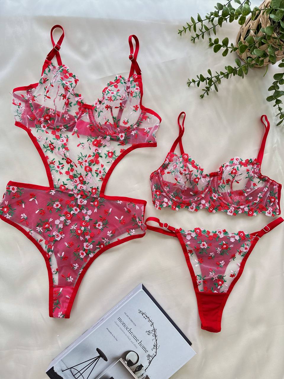 Red Lace Flowery bodysuit