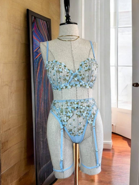 Blue Lace Flowery Lingerie Set