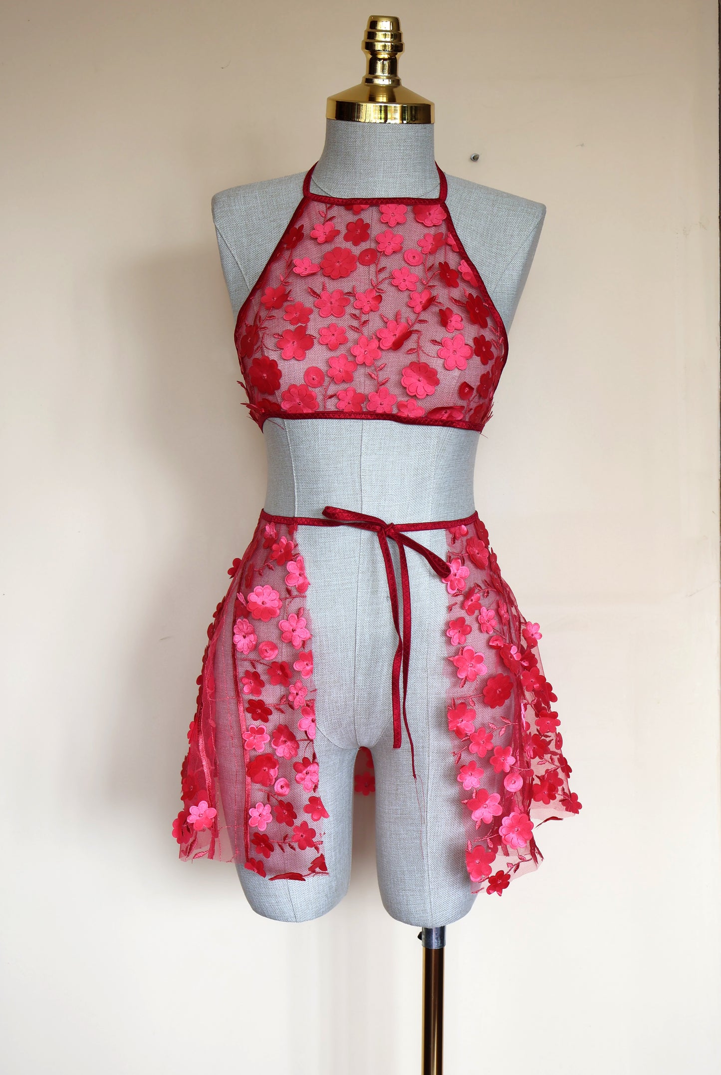 Red 3D Flower Lace Rave Skirt Set